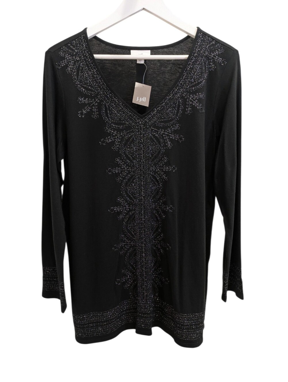 NEW J.Jill Tunic Metallic Embroidered Top Small Black V Neck Long Sleeve Pullove